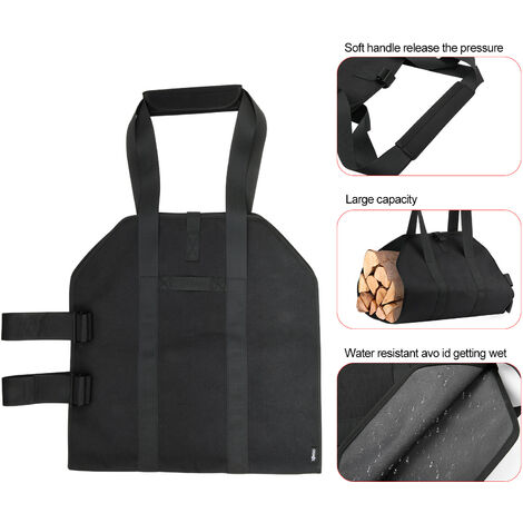 Fire Log Carry Bag with Handle - Large Durable Oxford Storage Bag - Lightweight and Portable - Heavy Duty - Waterproof - With Padded Straps for Carrying Firewood - Black