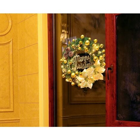 Christmas Wreath with LED Lights, 40cm Artificial Pine Cones, Merry Christmas Door Wreath Christmas Wreath Decoration for Front Door, Fireplace, Stairs