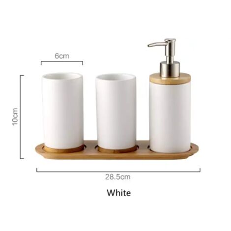 Set of 4 Ceramic Bathroom Accessories Set, Toothbrush Holder, Soap Dispenser, Tumbler, Bamboo Tray（White）