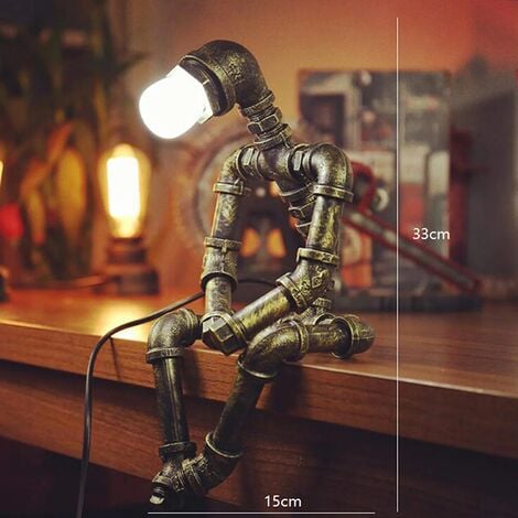 Retro Robot Lamp Industrial Desk Lamp Iron Pipe Bedside Lamp Bedroom Study Creative Nostalgia Robot Lamp Iron Attic Lamp Table Lamp,Compatible with Edison, LED, CFL, incandescent bulbs.