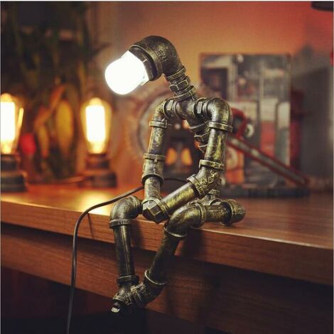 Retro Robot Lamp Industrial Desk Lamp Iron Pipe Bedside Lamp Bedroom Study Creative Nostalgia Robot Lamp Iron Attic Lamp Table Lamp,Compatible with Edison, LED, CFL, incandescent bulbs.