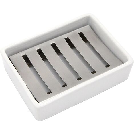 Ceramic and Stainless Steel Soap Dish with Drainer for Bathroom and Shower (1/4)