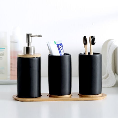 Set of 4 Ceramic Bathroom Accessories Set, Toothbrush Holder, Soap Dispenser, Tumbler, Bamboo Tray（Black）