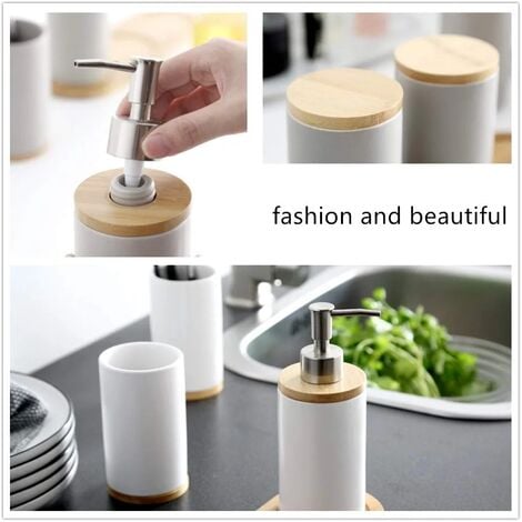 Set of 4 Ceramic Bathroom Accessories Set, Toothbrush Holder, Soap Dispenser, Tumbler, Bamboo Tray（Black）