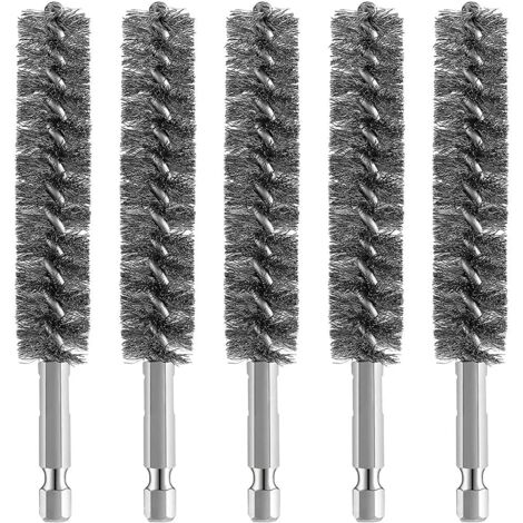 5pcs Stainless Steel Bore Brush Wire Brush for Drill Cleaning Wire Brush Stainless Steel Wire Brush with Hex Shank Handle, for metal and stone, drill wire brush, pipe brush for boiler/ heating,Silver (1/5)