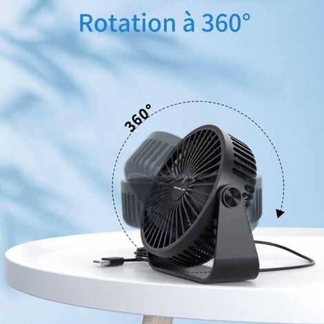 USB Desk Fan 3 Speed Table Fan 360 Adjustable Silent Fan Portable Fan for Office Home Bedroom Car Outdoor Camping Black