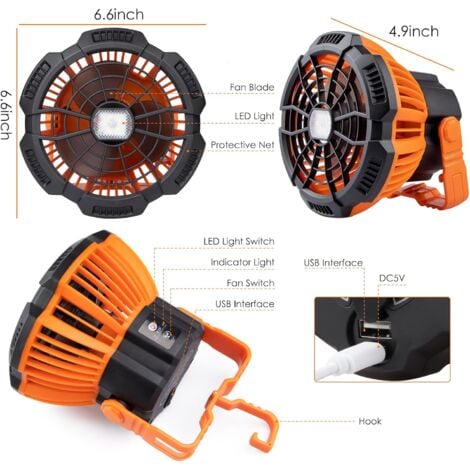 Camping Fan with LED Lantern Rechargeable Camping Fan for Tent Portable Ceiling Fan with Hanging Hook, Desk Fan with Remote Control