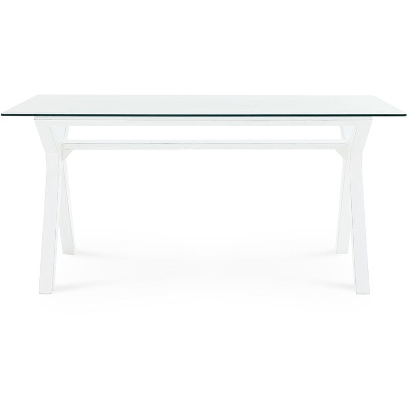 Mesa estilosa Wabi Home con patas de madera color blanco sobre tablero de cristal 160x95x75