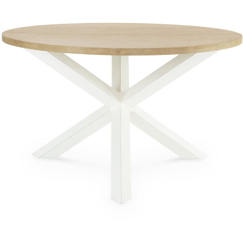 Mesa redonda Wabi Home con patas de madera color blanco sobre tablero madera natural