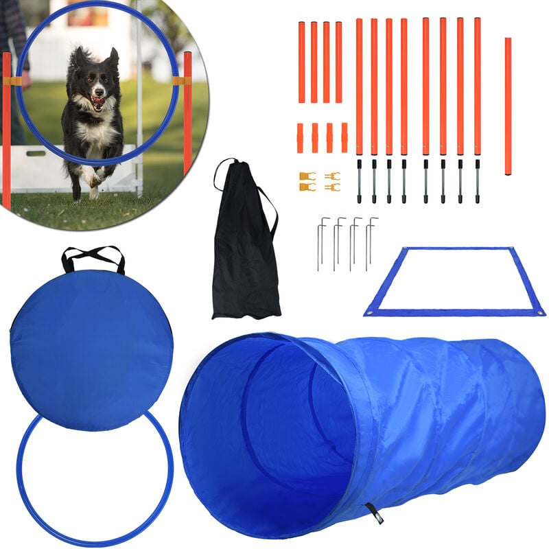 Barres de slalom avec haie en bleu avec anneau Barres de  slalom/obstacles/anneau de saut – Kit d'agilité pour chiens – Accessoires  de dressage pour