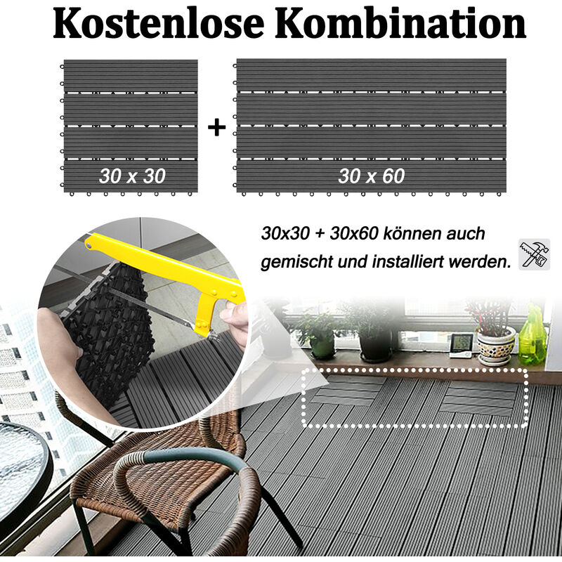 Carreaux WPC aspect bois 60x30cm 4 m² dalles de sol teck terrasse patio balcon