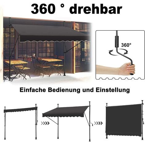 UISEBRT Store Banne Manuel, Store Balcon avec Manivelle Hauteur Réglable sans Perçage Protection UV, Solaire, Résistant aux Intempéries pour Balcon, Terrasse, Jardin (350 x 120 cm, Gris Foncé)