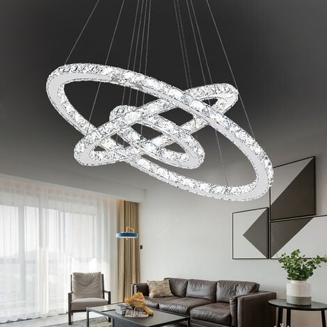 UISEBRT 72W LED Plafonnier Dimmable Design cristal Moderne Créatif Lustre Réglable en Hauteur Pendentif lampe Trois Anneaux Salle à Manger Chambre Salon, Blanc Froid