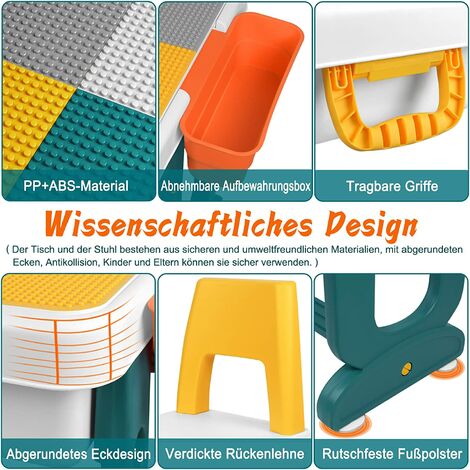 UISEBRT Table + 2 Chaises Enfant Avec 163 Briques – Set Multifonction Activité & Construction, Rangement Intégré, Dès 3 Ans