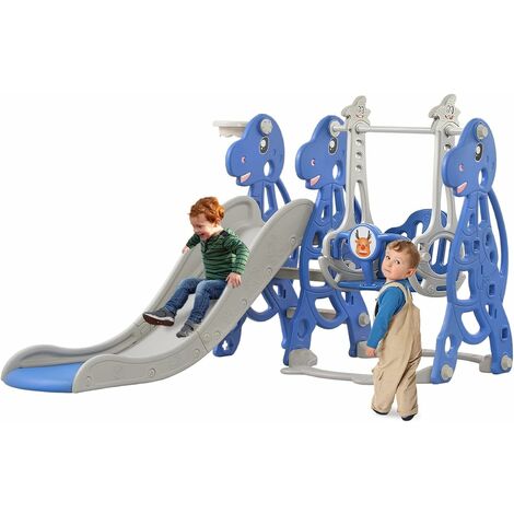 Toboggan Extérieur Enfant 5 En 1 Bleu Foncé - Aire De Jeux Intérieure Extérieure Avec Balançoire Bébé Et Panier Basket