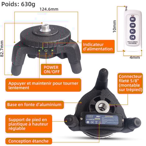 TODOT Support Rotatif Motorisé à 360° pour Niveau Laser, Connecteur de Trépied, avec Adaptateur 1/4" et 5/8", Base Pivotante à Rotation Précise à Réglage par Télécommande
