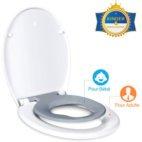 Abattant WC Familial, Lunette de Toilette avec Siège Enfant Magnétique, Frein de Chute et Charnière Réglable, Abattant WC en Polyéthylène pour Adultes et Enfants (Gris)