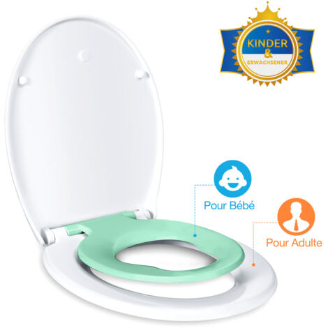 Abattant WC Familial, Lunette de Toilette avec Siège Enfant Magnétique, Frein de Chute et Charnière Réglable, Abattant WC en Polyéthylène pour Adultes et Enfants (Vert)