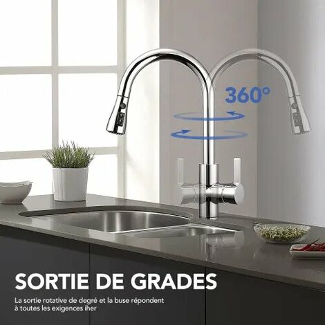 TODOT Robinet de Cuisine Rotation à 360 ° avec Douchette Extractible Robinet d'évier avec Régulateur de 3 Jets - DAKF3F