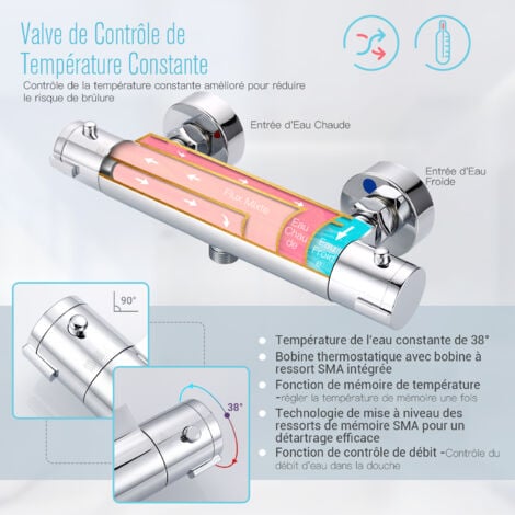 TODOT Mitigeur Thermostatique Douche Chromé Mural avec Bouton de Sécurité, Laiton Massif - DBWF01GR