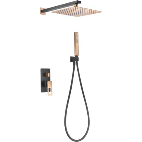 IMEX Kit incasso doccia corpo in acciaio e ottone nero-oro rosa con miscelatore monocomando 35mm soffione 25x25 flessibile PVC maniglia e supporto a parete Suecia Imex-BDC032-6NOR