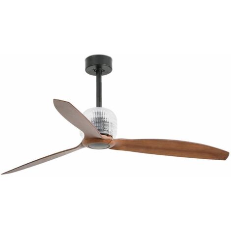 FARO Ventilador de techo sin luz motor DC 6 velocidades con función inversa acero negro palas de madera marrón y detalle de vidrio color negro-marrón Deco Fan FARO-33395D (1/4)