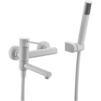 IMEX Badarmatur aus weißem mattem Messing und Zamak mit drehbarem Auslauf ABS-Duschgriffhalter 18 m Metallflexschlauch und 35-mm-Keramikkartusche – Serie Milos Stick