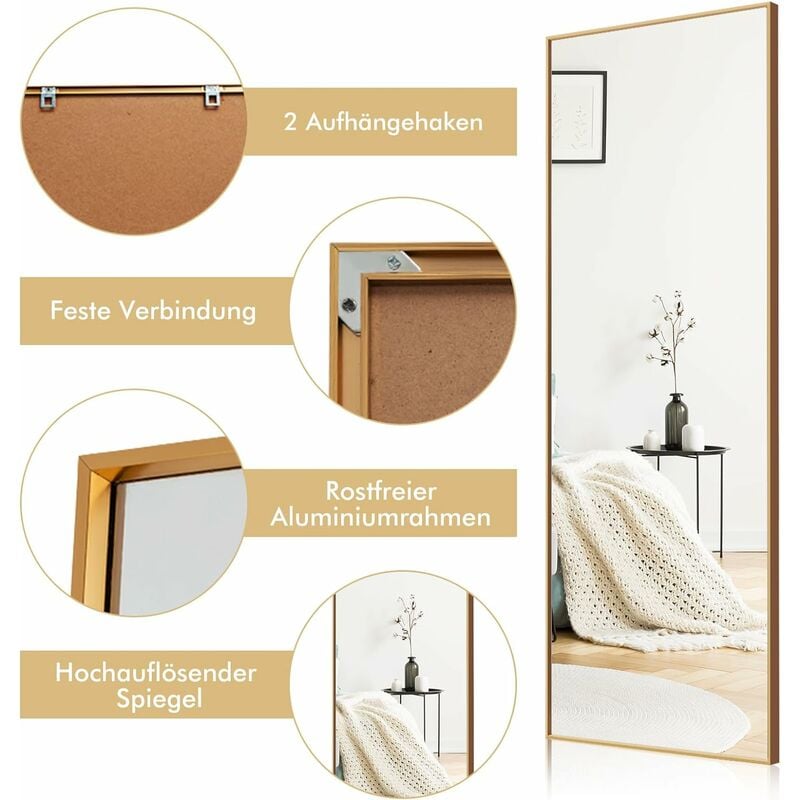 Ganzkörperspiegel (Gold) oder Wohnzimmer Großer zum Schlafzimmer Aluminiumrahmen, Standspiegel Badezimmer für 150x56cm, Spiegel Aufhängen mit RELAX4LIFE Ankleidespiegel Anlehnen,
