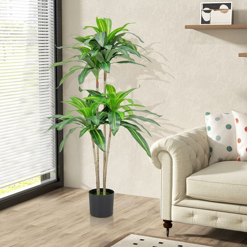 Kunstpflanze 140cm, Künstliche Dracena mit 92 Blättern & Zementtopf, Künstliche Pflanze grün, Kunstbaum Palme für Büro Zuhause, Kunstpalme für Innen