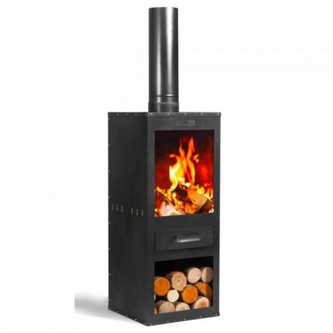 Poêle à bois d'extérieur ROSA, avec rangement pour bois, acier naturel, CookKing, 111485