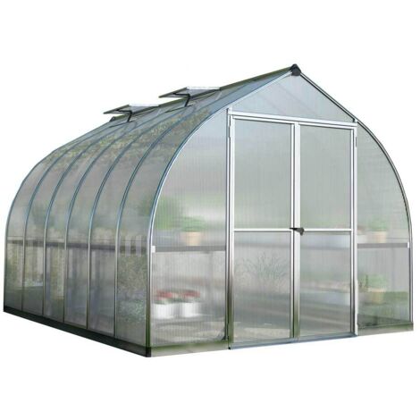 Palram – Serre de jardin polycarbonate 8,8 m² – Aluminium argent – Dimensions 367x244x219 cm – Panneaux double paroi 6 mm – Système d'ouverture automatique