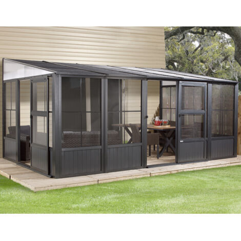 Pavillon mural en aluminium 10x13 – Toit en acier galvanisé – Charge neige 150 kg/m² – Aération contrôlable par fenêtres avec moustiquaires – Sojag