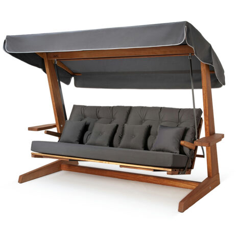Westmann – Balancelle de jardin en bois d'iroko – Dossier réglable 5 positions – Pour 4 personnes – Rembourrage résistant aux UV et à l'humidité – 139x260x195 cm