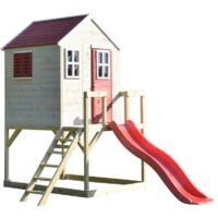 Cabane de jardin pour enfant en bois sur pilotis avec toboggan – Dimensions 310x350x242 cm – Bois de pin certifié FSC – Charge utile 50 kg – Wendi Toys