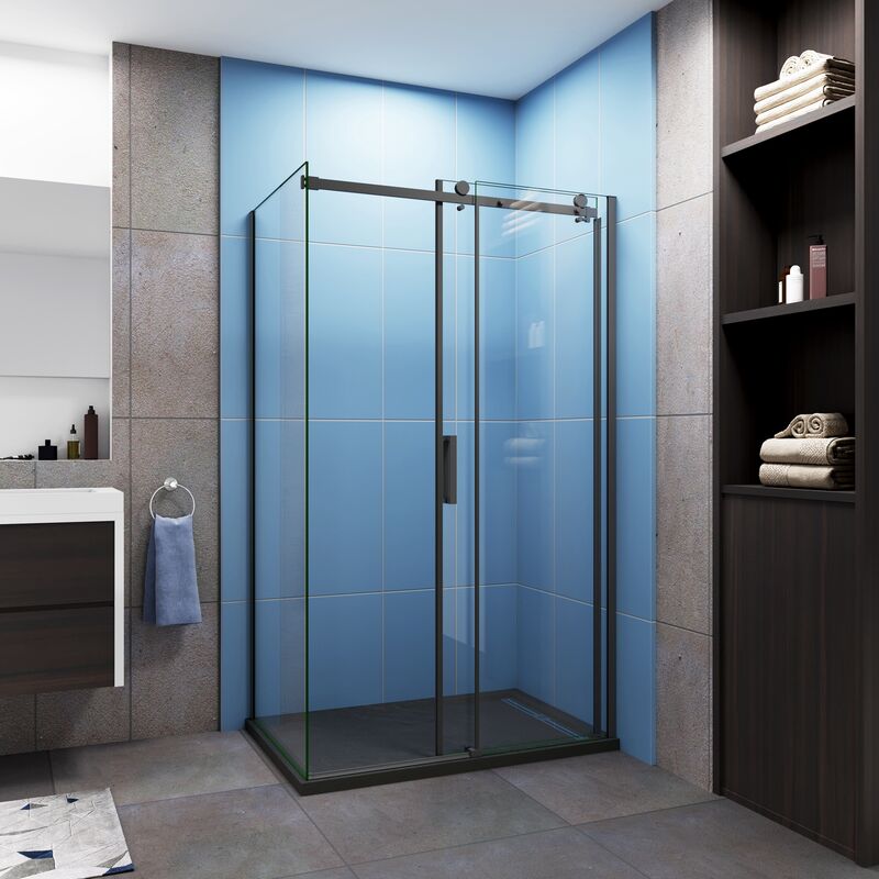 Cabina de ducha, puerta abatible, perfiles negros mate, vidrio de templado  seguridad, antical, transparente de 8mm