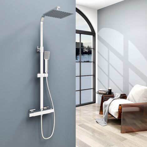 AICA Columna de Ducha termostática, Alcachofa Cuadrada, Ducha Lluvia, Barra regulable en 80-120cm, Baño y Bañera
