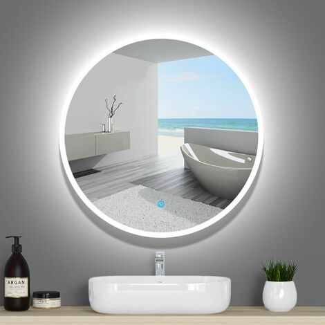 AICA Espejo redondo de baño LED 70cm+antivaho+interruptor táctil