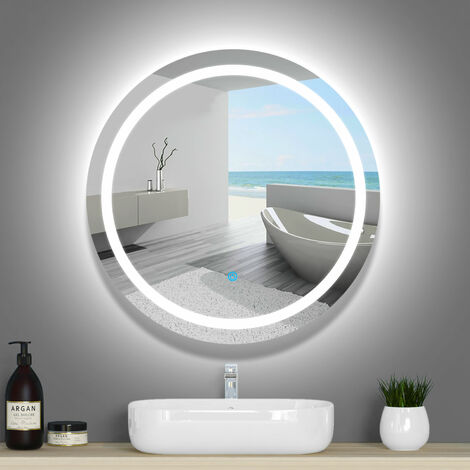 AICA Espejo de baño LED redondo 60cm+antivaho+interruptor táctil
