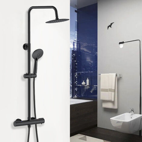 Aica Columna de Ducha Termostática Redonda en Todo Negro con Barra Regulable 768-1200mm, Rociador de Mano Ajustable 3 Tipos de Chorro