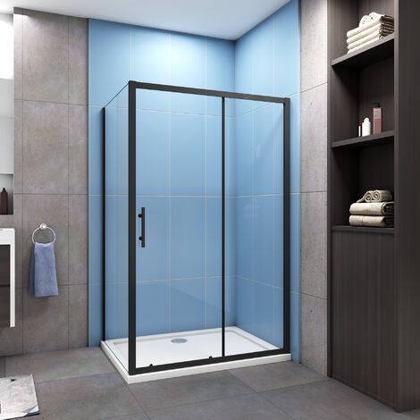 AICA Mampara de Ducha Rectangular Corredera Frontal con un Panel Fijo Cristal Templado 5mm Perfil Negro Mate (1061-1101)x(680-700)x1850mm
