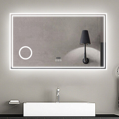 AICA Espejo de baño LED 140×80 cm+ Reloj + Lupa + Bluetooth