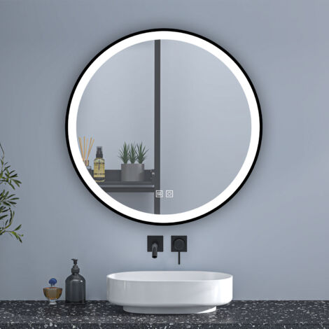 AICA Espejo de baño redondo LED 80cm con marco, antivaho, luminosidad regulable