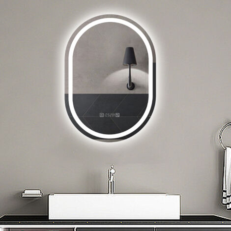 Aica Espejo de baño LED 60×80cm,reloj,antivaho,luminosidad regulable,ovalado