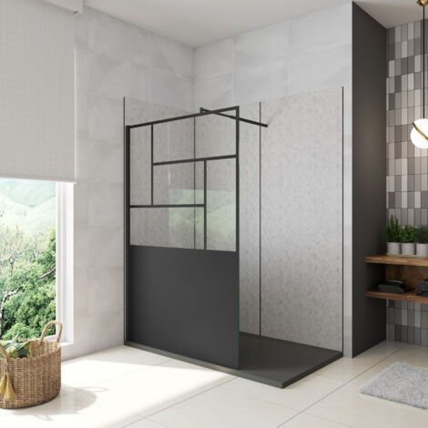 AICA Walkin Mampara Panel de ducha Pantalla Panel Fijo estilo industrial Cristal Antical 8mm con Barra 70-120cm Perfil Negro Mate,(877-900)x2000mm