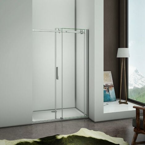 Mampara Frontal con Puerta Corredera de Apertura Reversible, Cristal Transparente 6 mm de espesor, 100x195cm