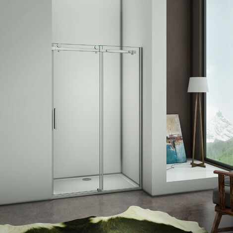 Mampara Frontal con Puerta Corredera de Apertura Reversible, Cristal Transparente 6 mm de espesor, 110x195cm (1/4)