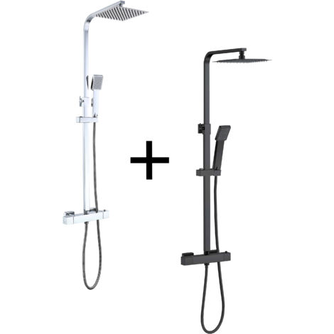 AICA 2 juegos de duchas termostáticas con duchas cuadradas y duchas de mano con columnas orientables (negro mate y cromo brillante)