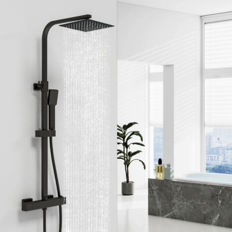 Columna de Ducha Termostática AICA - Negro Mate, Alcachofa Cuadrada+Raciador Superior Grande 20cmx20cm