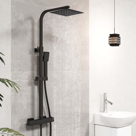 Columna de Ducha Termostática AICA negro mate alcachofa cuadrada y ducha superior grande