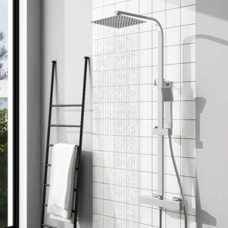 Columna de Ducha Termostática AICA Cromado  Alcachofa Cuadrada Grande  Barra Regulable 73-115 cm  Sistema de Ducha Superior